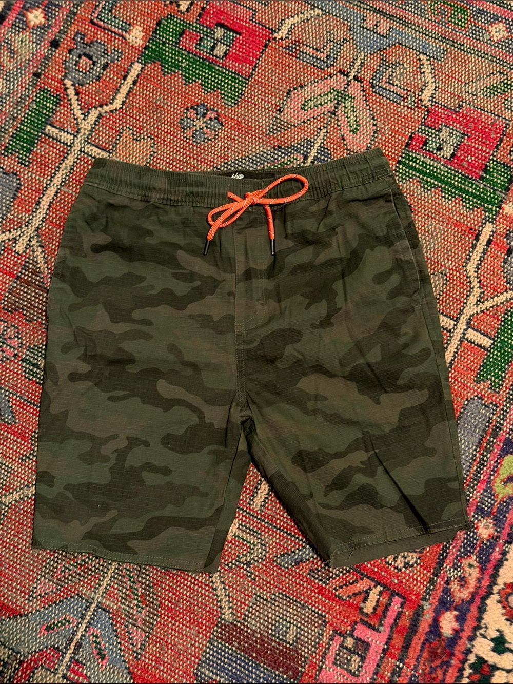 Brooklyn Cloth Camouflage Green Flat Front Shorts with Orange Drawstring